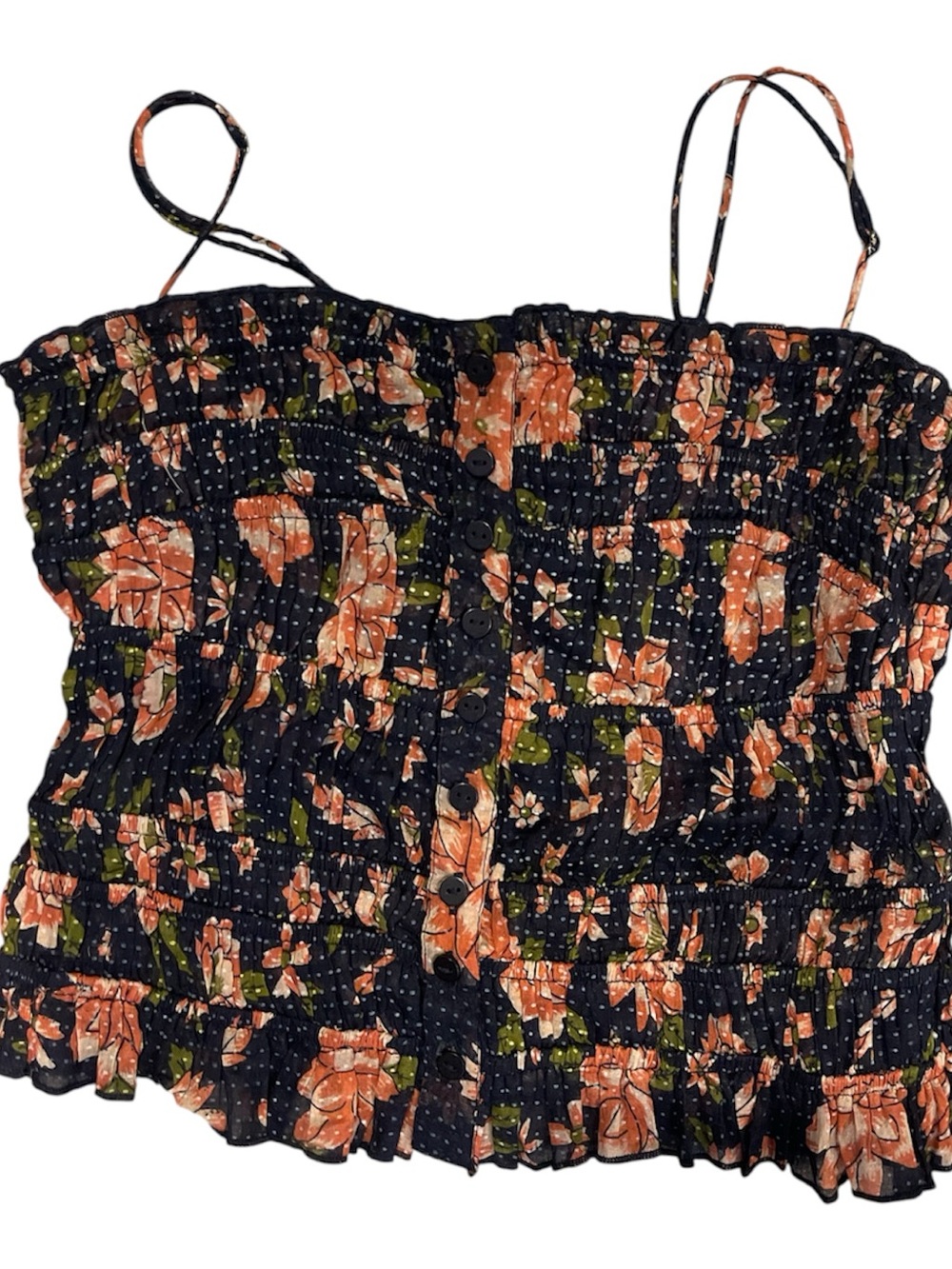 Free People Black Smocked Floral Cami with Coral Blooms